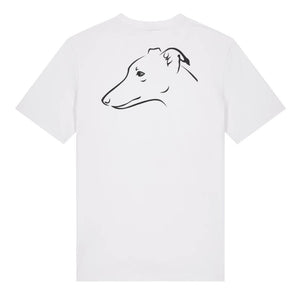 Black outline illustration of the head of a whippet on the back of a white unisex t-shirt