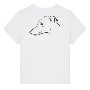 Black outline illustration of the head of a Whippet on the back of a white ladies t-shirt