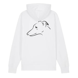 Black outline illustration of the head of a Whippet on the back of a white unisex Hoodie