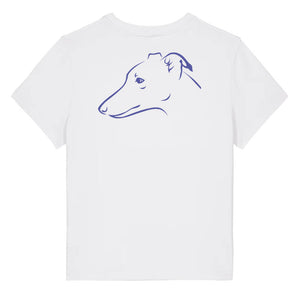 Blue outline illustration of the head of a Whippet on the back of a white ladies t-shirt