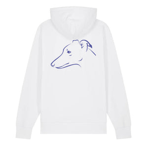 Blue outline illustration of the head of a Whippet on the back of a white unisex Hoodie