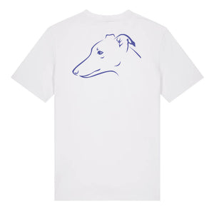 Blue outline illustration of the head of a whippet on the back of a white unisex t-shirt