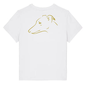 Gold outline illustration of the head of a Whippet on the back of a white ladies t-shirt