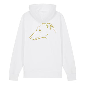Gold outline illustration of the head of a Whippet on the back of a white unisex Hoodie