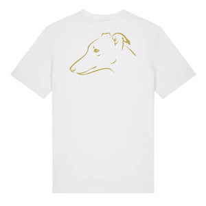 Gold outline illustration of the head of a whippet on the back of a white unisex t-shirt