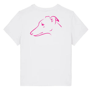 Magenta outline illustration of the head of a Whippet on the back of a white ladies t-shirt