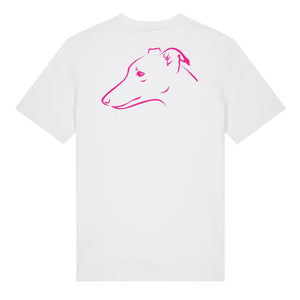 Magenta outline illustration of the head of a whippet on the back of a white unisex t-shirt