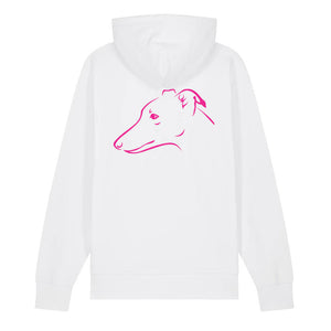 Magenta outline illustration of the head of a Whippet on the back of a white unisex Hoodie