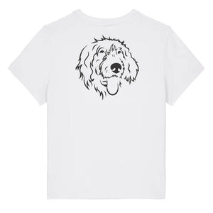 Black outline illustration of the head of a Wirehaired Pointer on the back of a white ladies t-shirt