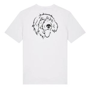 Black outline illustration of the head of a Wirehaired Pointer on the back of a white unisex t-shirt