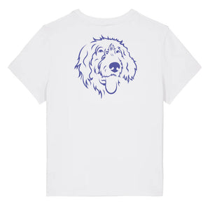 Blue outline illustration of the head of a Wirehaired Pointer on the back of a white ladies t-shirt