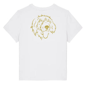 Gold outline illustration of the head of a Wirehaired Pointer on the back of a white ladies t-shirt