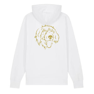 Gold outline illustration of the head of a Wirehaired Pointer on the back of a white unisex Hoodie