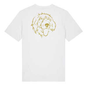 Gold outline illustration of the head of a Wirehaired Pointer on the gold of a white unisex t-shirt