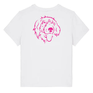Magenta outline illustration of the head of a Wirehaired Pointer on the back of a white ladies t-shirt