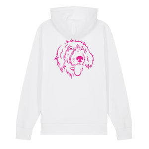 Magenta outline illustration of the head of a Wirehaired Pointer on the back of a white unisex Hoodie