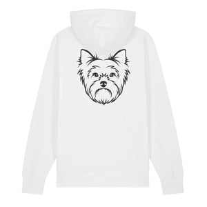 Black outline illustration of the head of a Yorkshire Terrier on the back of a white unisex Hoodie