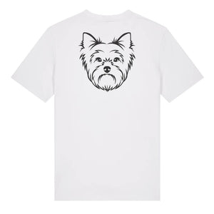 Black outline illustration of the head of a Yorkshire Terrier on the back of a white unisex t-shirt