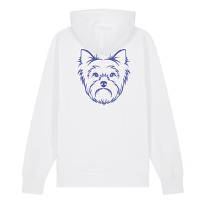 Blue outline illustration of the head of a Yorkshire Terrier on the back of a white unisex Hoodie