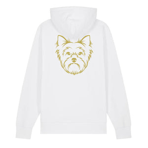 Gold outline illustration of the head of a Yorkshire Terrier on the back of a white unisex Hoodie