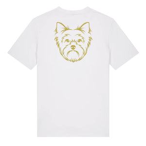 Gold outline illustration of the head of a Yorkshire Terrier on the back of a white unisex t-shirt