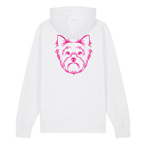 Magenta outline illustration of the head of a Yorkshire Terrier on the back of a white unisex Hoodie