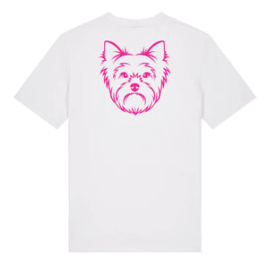 Magenta outline illustration of the head of a Yorkshire Terrier on the back of a white unisex t-shirt
