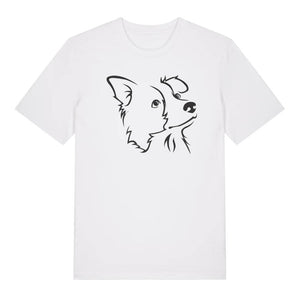Black outline illustration of the head of a Border Collie on the front of a white unisex t-shirt