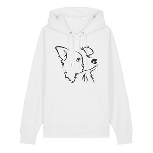 Black outline illustration of the head of a Border Collie on the front of a white unisex Hoodie