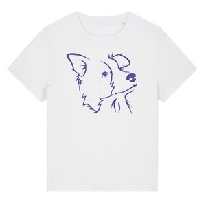Blue outline illustration of the head of a Border Collie on the front of a white ladies t-shirt