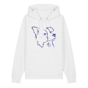 Blue outline illustration of the head of a Border Collie on the front of a white unisex Hoodie