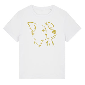Gold outline illustration of the head of a Border Collie on the front of a white ladies t-shirt