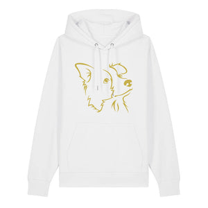 Gold outline illustration of the head of a Border Collie on the front of a white unisex Hoodie