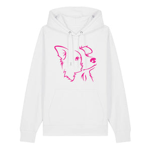 Magenta outline illustration of the head of a Border Collie on the front of a white unisex Hoodie