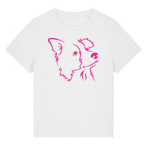 Magenta outline illustration of the head of a Border Collie on the front of a white ladies t-shirt