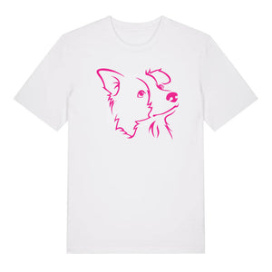 Magenta outline illustration of the head of a Border Collie on the front of a white unisex t-shirt