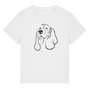 Black outline illustration of the head of a Basset Hound on the front of a white ladies t-shirt