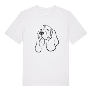 Black outline illustration of the head of a Basset Hound on the front of a white unisex t-shirt