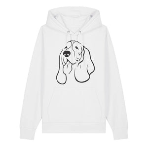 Black outline illustration of the head of a Basset Hound on the front of a white unisex Hoodie