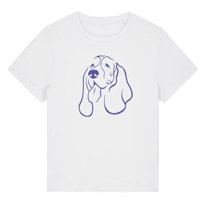 Blue outline illustration of the head of a Basset Hound on the front of a white ladies t-shirt