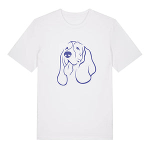 Blue outline illustration of the head of a Basset Hound on the front of a white unisex t-shirt