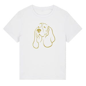 Gold outline illustration of the head of a Basset Hound on the front of a white ladies t-shirt