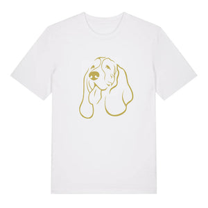 Gold outline illustration of the head of a Basset Hound on the front of a white unisex t-shirt