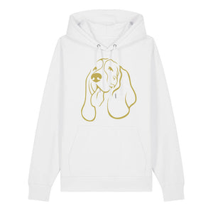 Gold outline illustration of the head of a Basset Hound on the front of a white unisex Hoodie