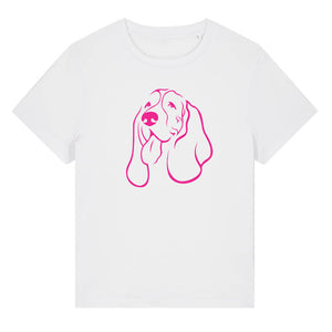 Magenta outline illustration of the head of a Basset Hound on the front of a white ladies t-shirt