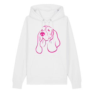 Magenta outline illustration of the head of a Basset Hound on the front of a white unisex Hoodie