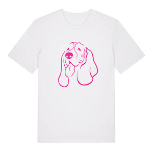 Magenta outline illustration of the head of a Basset Hound on the front of a white unisex t-shirt