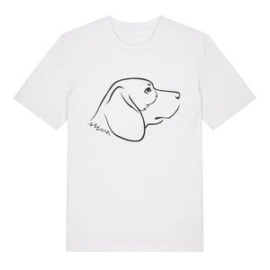 Black outline illustration of the head of a Beagle on the front of a white unisex t-shirt