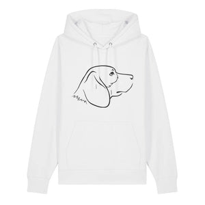 Black outline illustration of the head of a Beagle on the front of a white unisex Hoodie