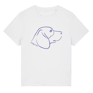 Blue outline illustration of the head of a Beagle dog on the front of a white ladies t-shirt